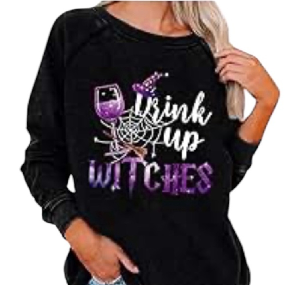 Halloween Funny Witch Multicolor Crew Neck Long Sleeve Graphic Black Sweatshirt